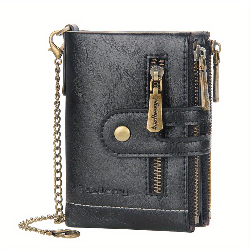 TEMU Vintage Men With Chain Pu Leather Bifold Wallet For Anti-theft Coin Pocket Card Holder Cash Front Pocket