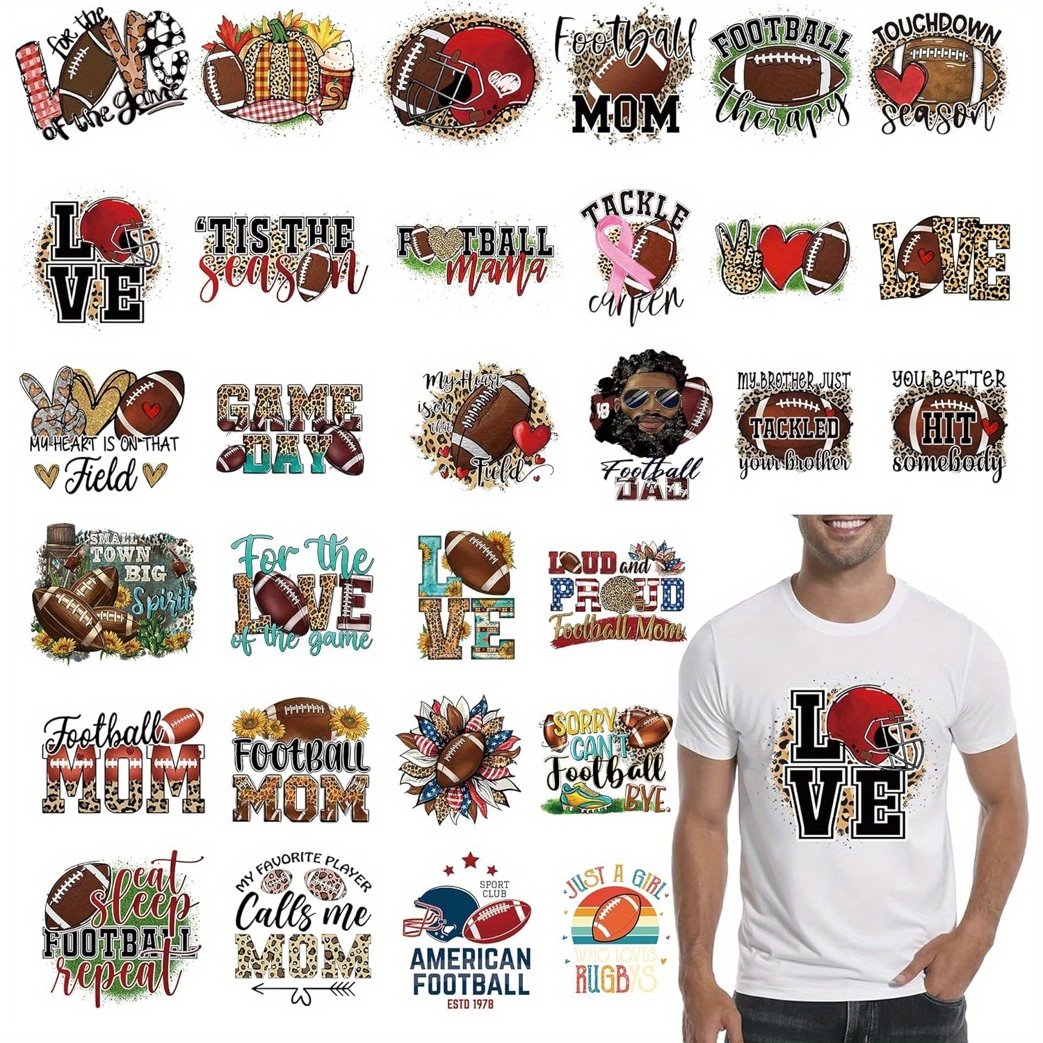 

30pcs Rugby Iron On Decals For T-shirts American Football Iron On Vinyl Decals Washable Transfer Stickers For Valentine's Day Team Uniform T-shirt Pillow Canvas Bags Decor Appliques (rugby)