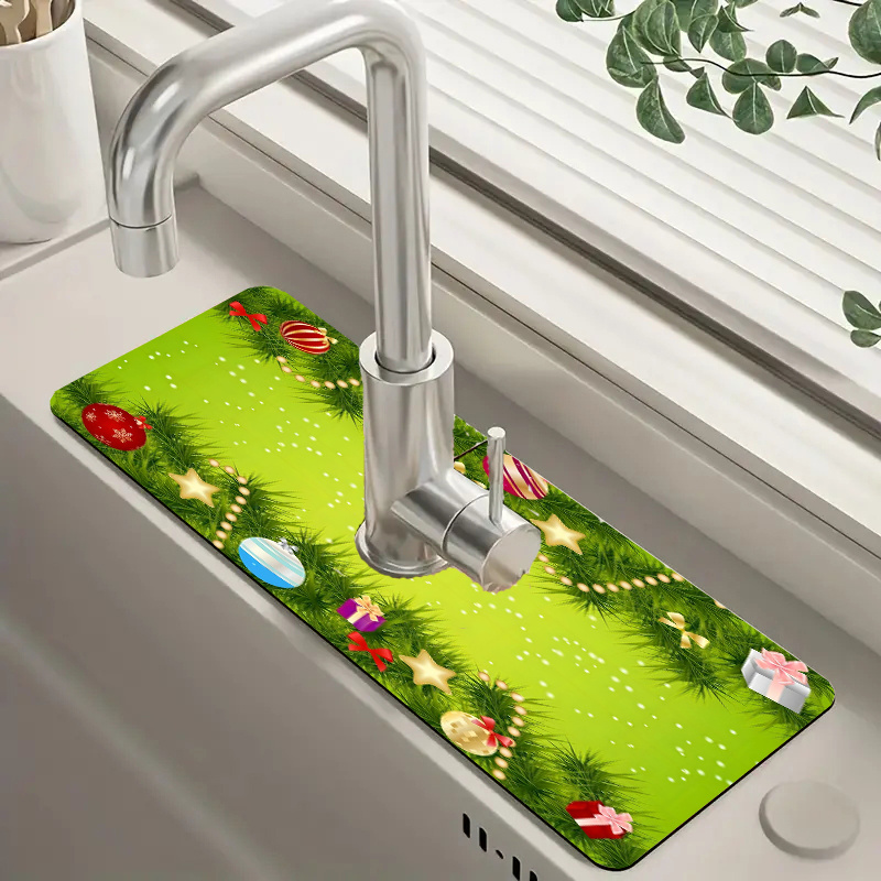 

1pc Christmas Theme Pine Needle Print Faucet Drying Mat, Quick-dry Sink Draining Pad For Kitchen And Bathroom, Synthetic Polyester Material, Seasonal Decor Kitchen Accessories