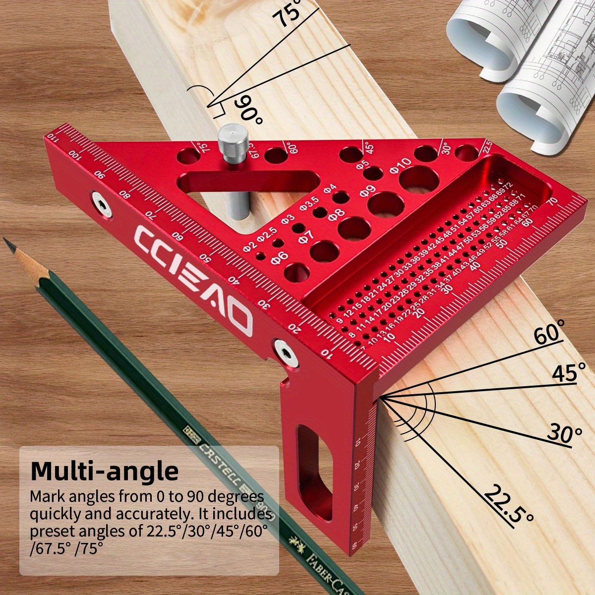 

CCIEAO Équerre de en aluminium, pointeur multi- de 22,5 à 90 degrés, règle de ligne de dessin de menuiserie haute avec épingle, outil pour charpentiers, construction, , bricolage