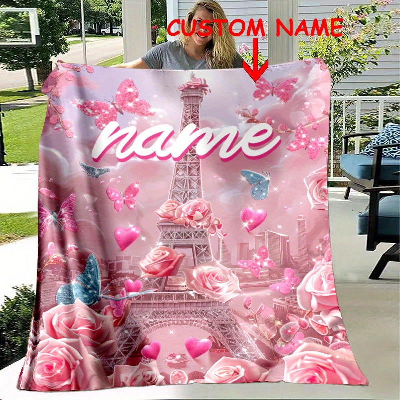 

Customizable Paris & Pink Flannel Blanket, Personalized Warm Cozy Throw For All , Soft Polyester Knitted Gift Blanket With Digital Printing