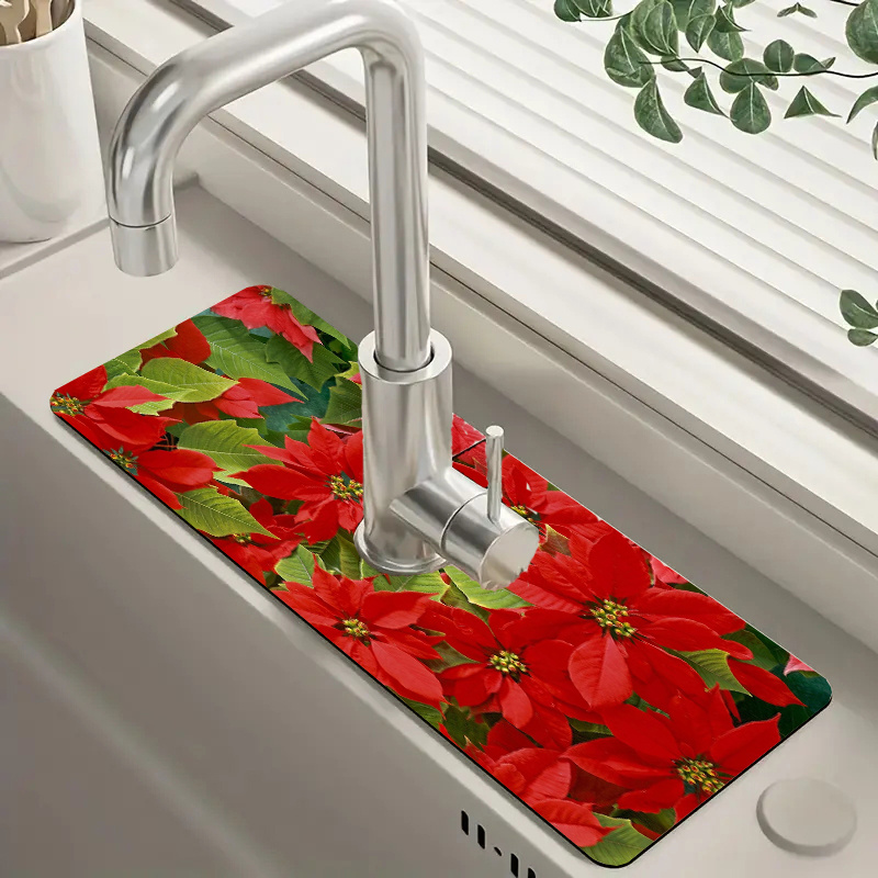 

1pc Christmas Poinsettia Print Faucet Sink Drying Mat, Moisture-proof Anti-slip Multi-purpose Kitchen Countertop Protection, Polyester Synthesis Dish Drain Pad For Kitchen And Bathroom Accessories