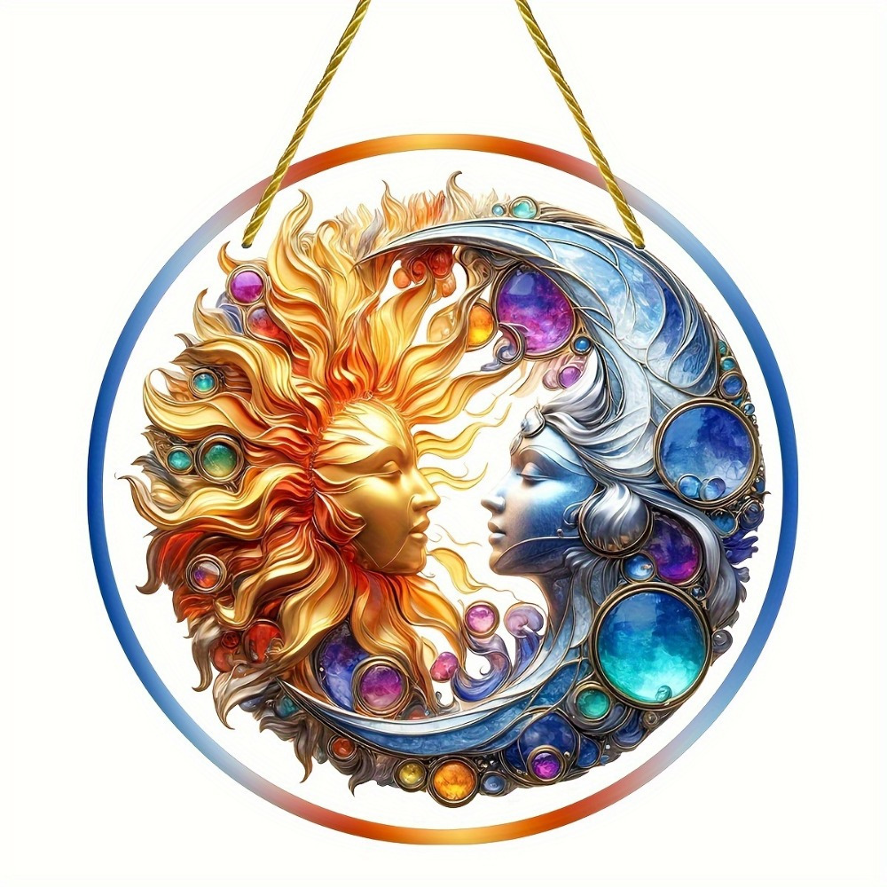 

1pc Sun And Moon Painted Glass Window Decoration, Suitable For Home, Garden, And Office Decoration In All Seasons, Perfect Birthday Gift