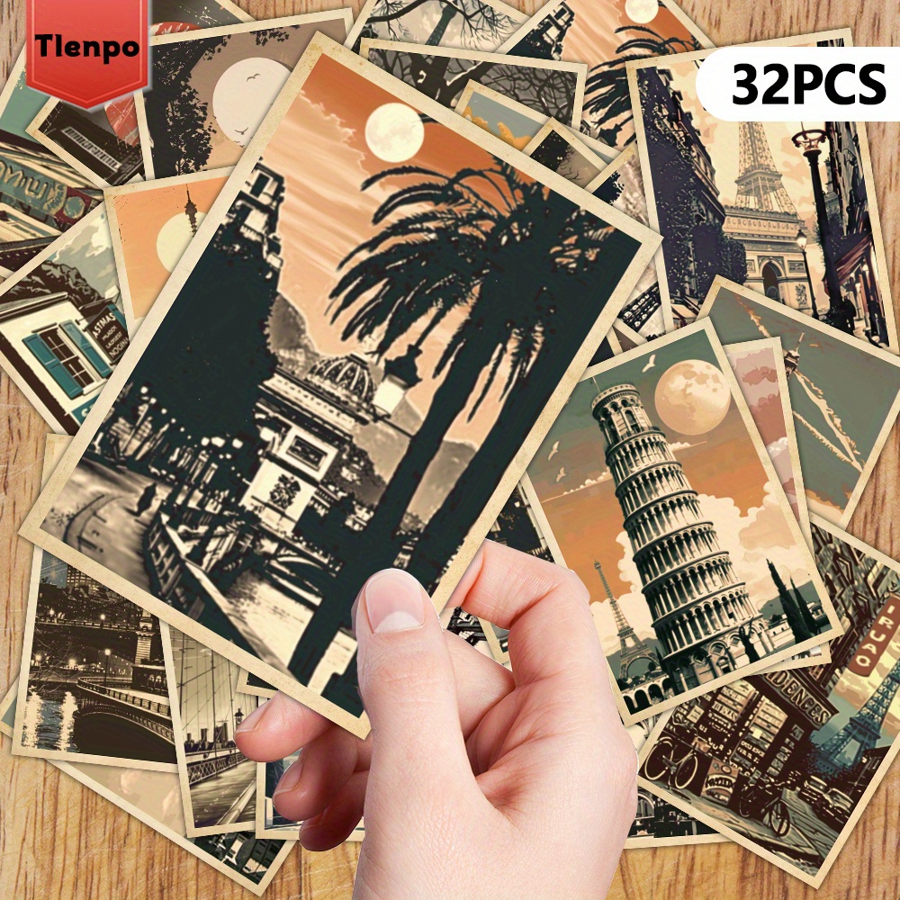 

32pcs Vintage Travel Postcard Set, 4x5.7" - Tlenpo Collection Of Iconic & Architecture, Scrapbooking, Journaling & Gift Cards