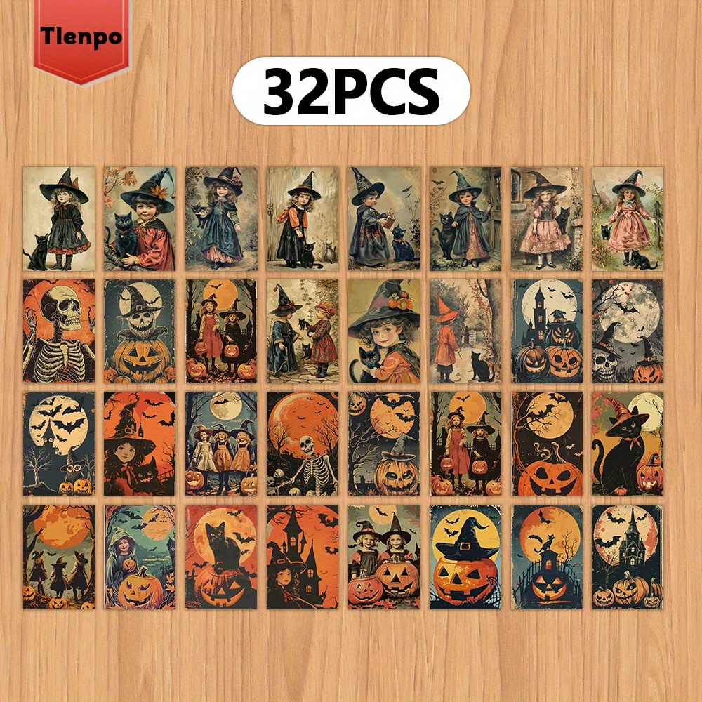 TEMU Set Of 32 Vintage Postcards Featuring A Little Girl, Witch-themed Cards, Perfect For Bedroom Decor, Holiday Greetings, And Messages. Ideal For