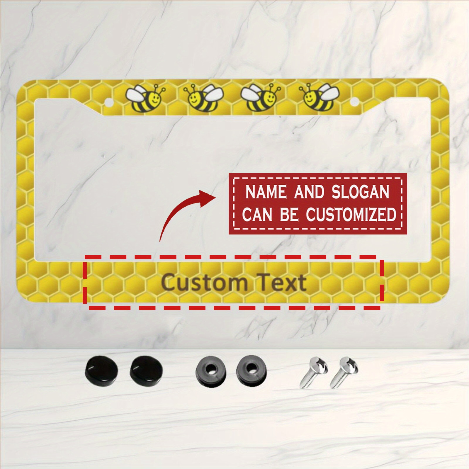 

Premium Aluminum License Plate Frame With Honeybee Design - Customizable Text - Weatherproof, Durable, And Easy Installation