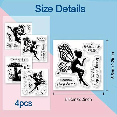 4 stuks pvc-stempelset voor scrapbooking, engel- en fee-ontwerpen, zwarte kunststof materiaal, elk 55x55mm