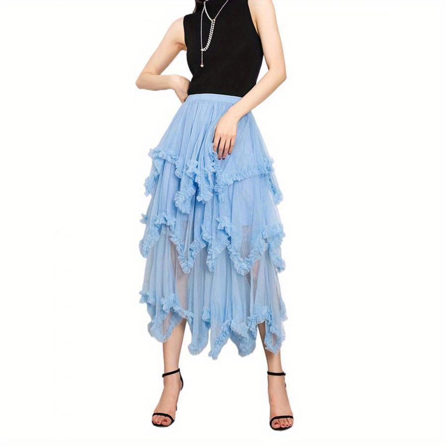 

Women's Chic Layered Tulle Midi Skirt - Fashion High Waist, Solid Color, Trim, Ruffle , Flowy, Elegant, And Comfortable