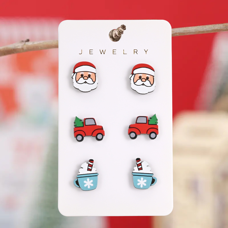 

6pcs/set Merry Christmas Wooden Stud Earrings Santa Claus With Ice-cream Christmas Party Jewelry Christmas Gift