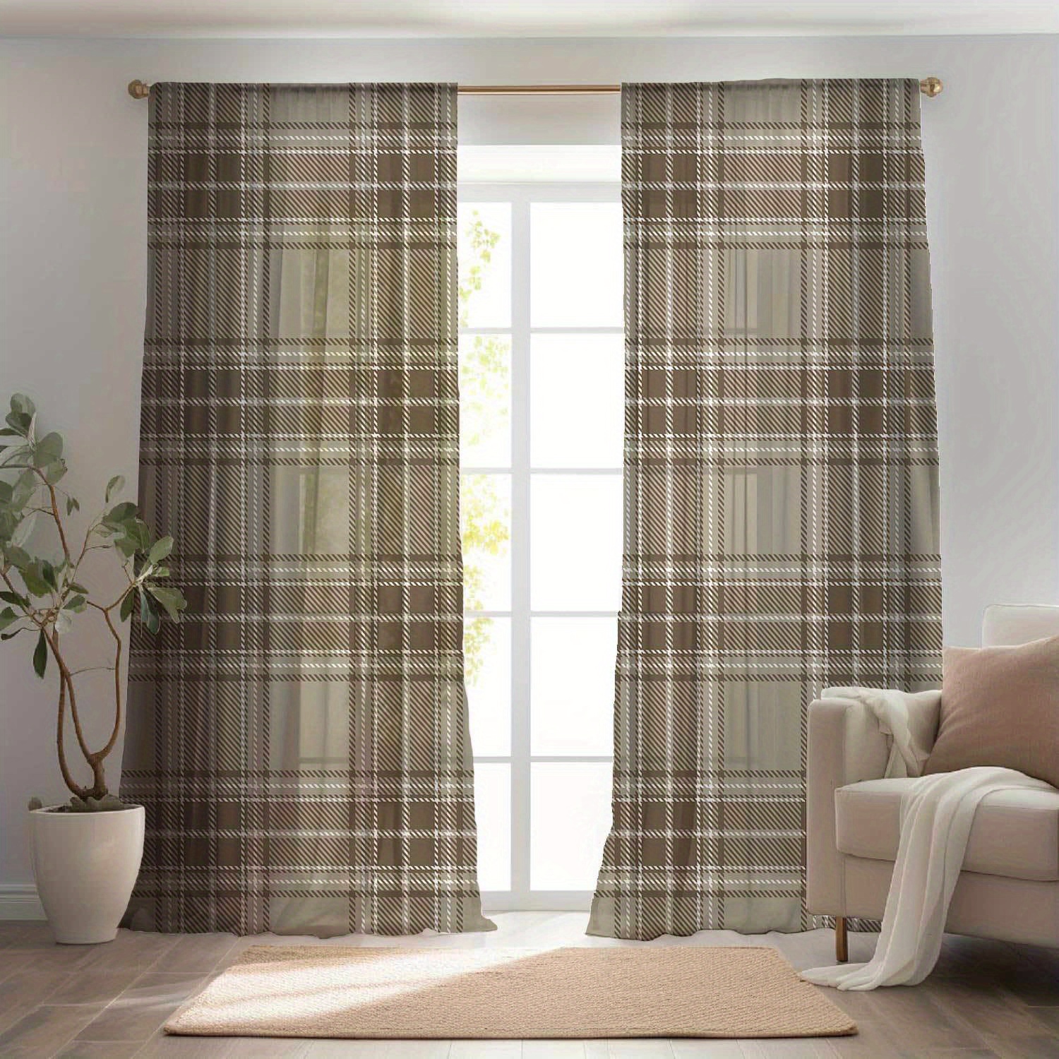 

Chic Striped & Plaid Print Curtains - Easy-care, Durable Polyester For Living Room & Bedroom Decor, Rod Pocket Design