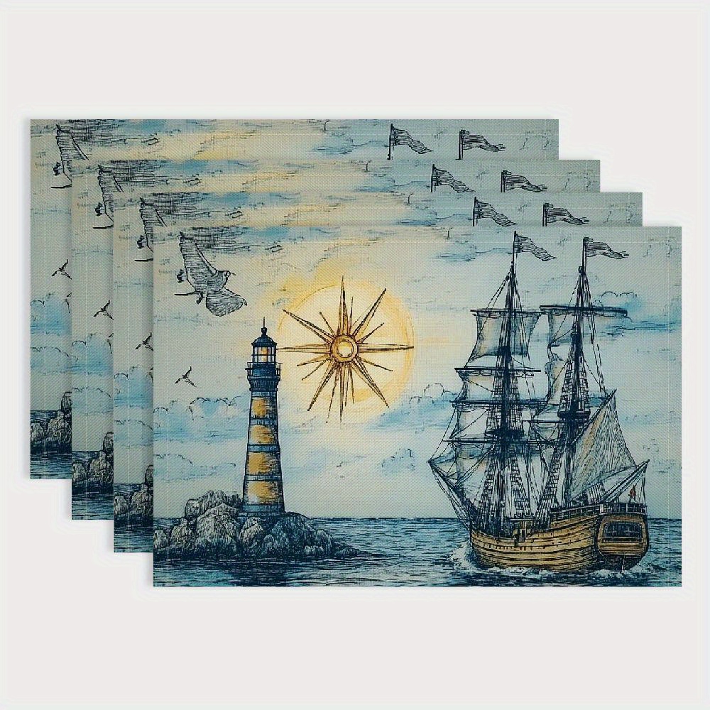 

4pcs Set Nautical-themed Linen Placemats - Heat Resistant, Washable Table Mats With Vintage Compass, Lighthouse & Designs For Dining And Party Decor