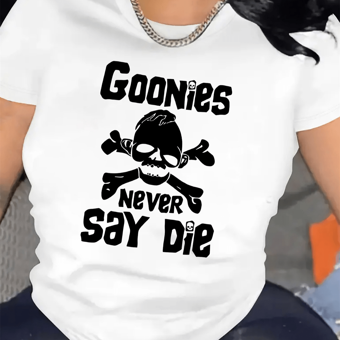 

Goonies Never Say Die Graphic T-shirt - Casual Polyester Spandex Knit Fabric Tee, Crew Neck, Medium Stretch, All-season Top