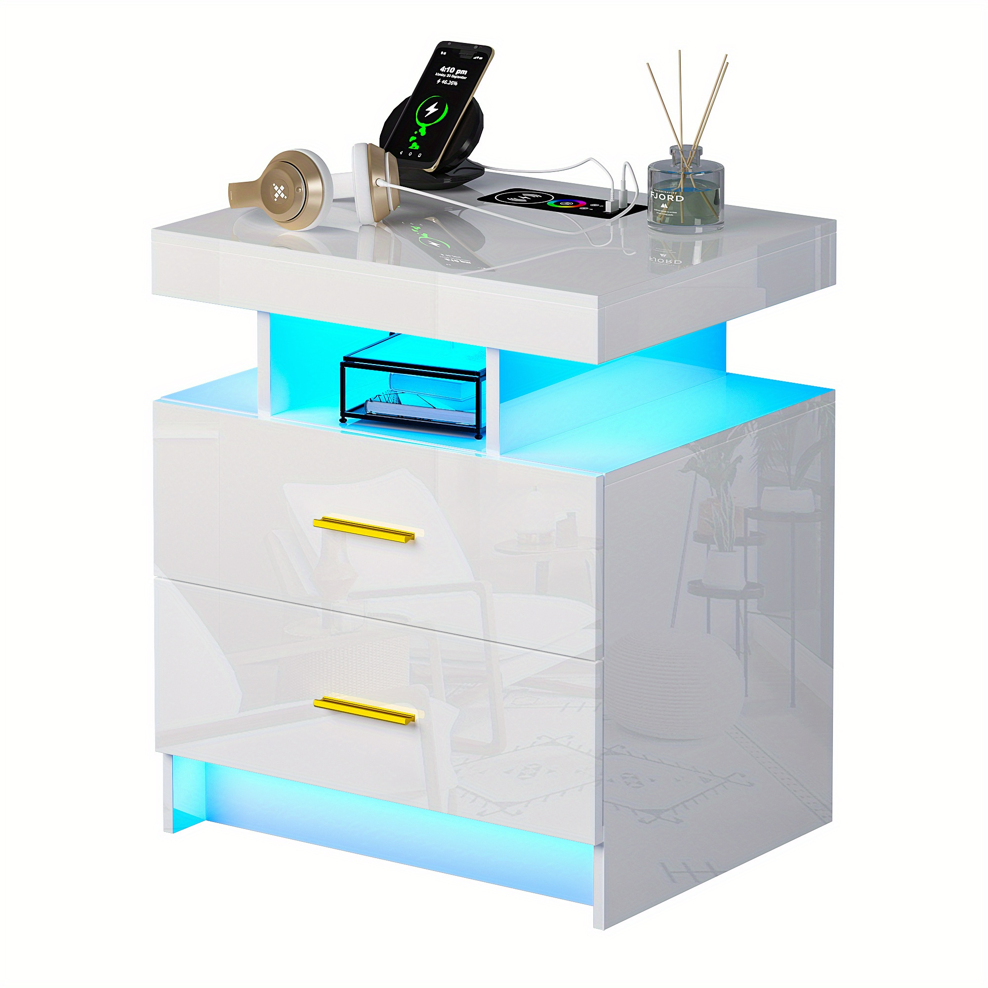 

Lvifur Auto Led Nightstand With Wireless Charging Station & Usb , Bedside Tables With 2 Drawers, Floating Nightstand With 3 Color & Adjustable Embedded Led Light Strip