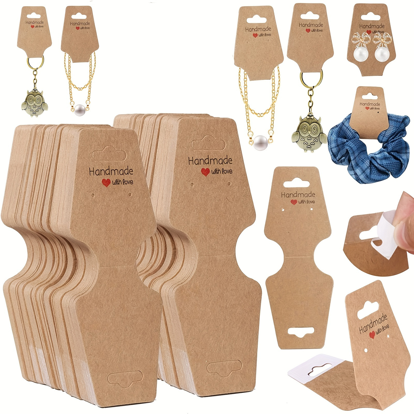 

100pcs Handmade Jewelry Display Cards, Self-adhesive Hanging Holders For Bracelets, Necklaces, Keychains, Earrings, Scrunchies - Packaging And Storage Solution For Retail And Craft Shows