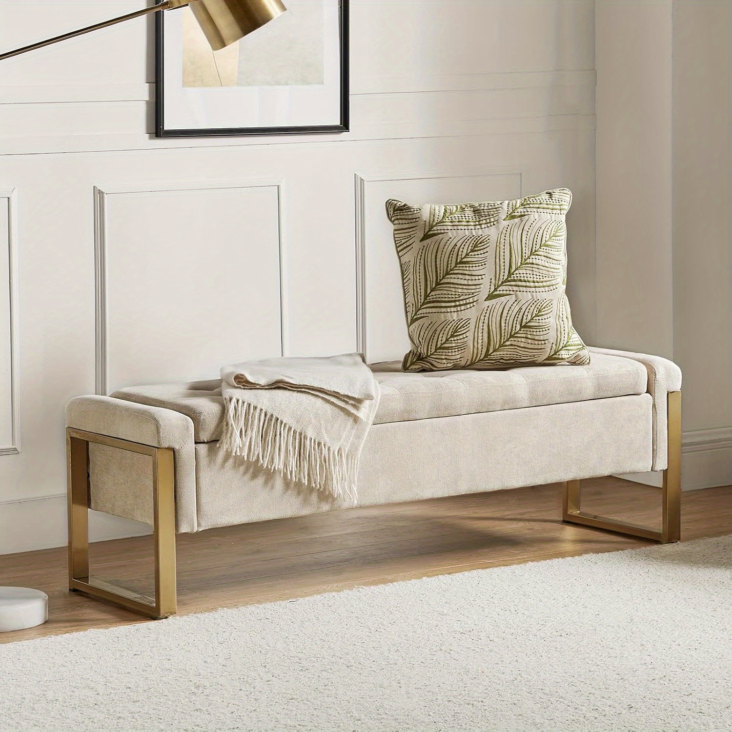 Storage Ottoman Bench With Metal Legs, 55-inches Extra Long Accent Bench For End Of Bed, Comfy Upholstered Footstool
