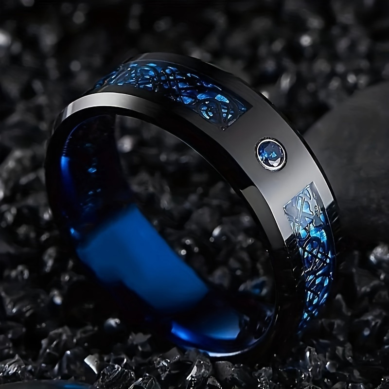 

1pc Men's Tungsten Carbide Ring With Blue Design, Bohemian Style Single-finger Ring