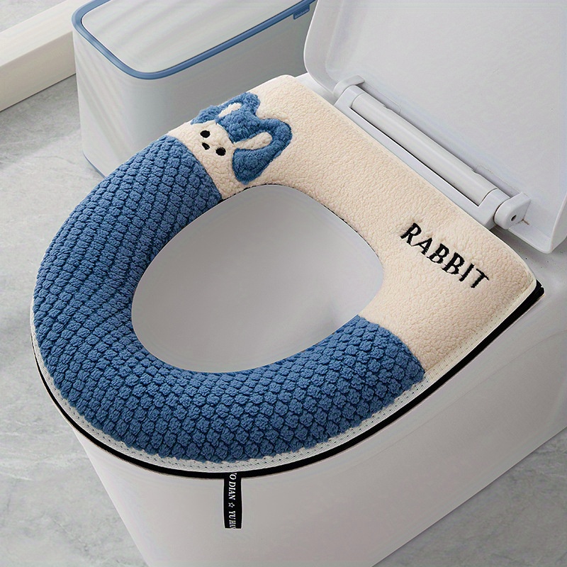 

Plush Rabbit Design Toilet Seat Cover - , Soft Polyester, Fit, Blue & Knitted Pattern, Comfortable Bathroom Accessory