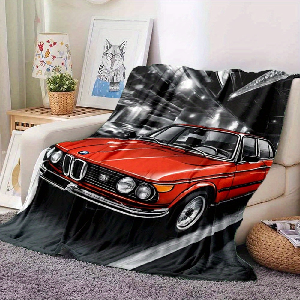 

1pc Knitted Polyester Flannel Throw Blanket - Digital Print Red Car Night Pattern - Soft, Warm, Contemporary Style For All Seasons - Ideal For Sofa, Bed, Travel, Office, And Living Room Decor