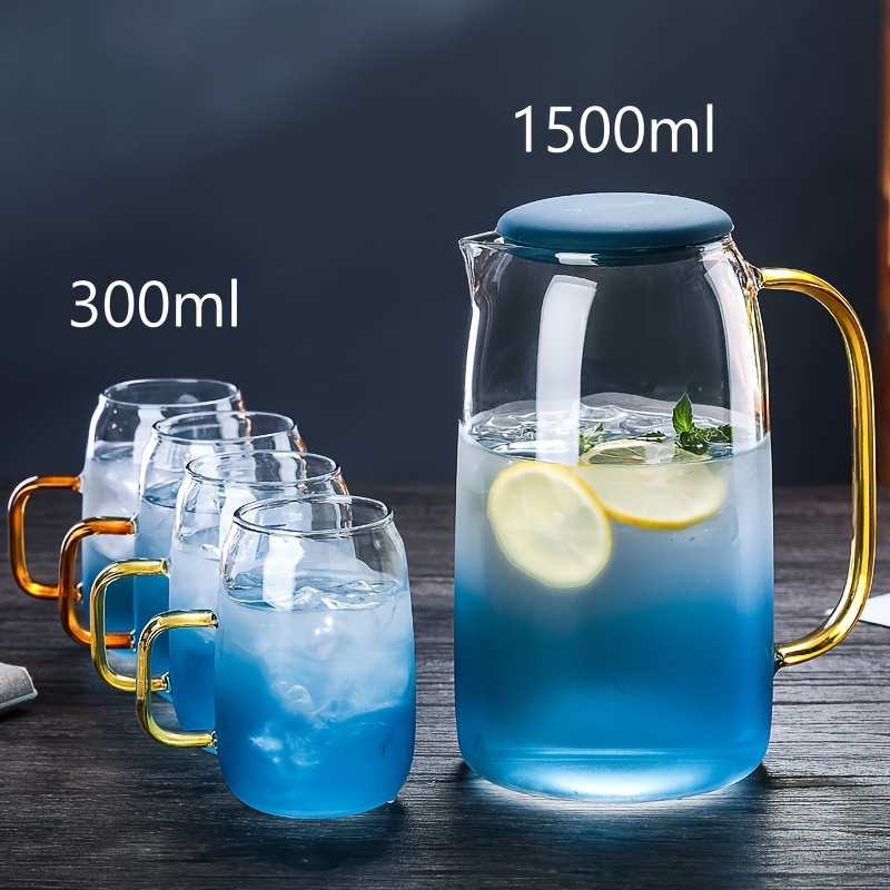 E-shop 5-teiliges Glasflaschen- und Becher-Set - Elegantes, blaues Luxus-Trinkgeschirr-Set, inklusive 1 große Flasche und 4 Becher - Modische Eistee,