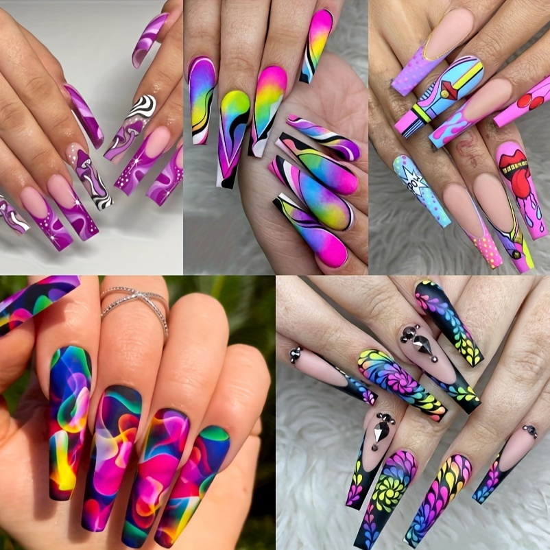 

5 Boxes (120 Pieces Extra Long Press Nail Set - Wearable Nail Art - And Crystal Rhinestone Matte Glue Nail Color Striped Flower Pattern - Holiday Gift Set