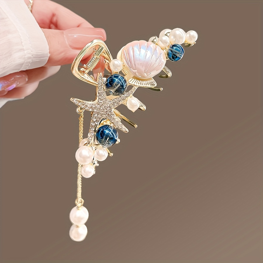 TEMU 1pc New Simple Cute Starfish Hair Clip Tassel Grab Clip, Fashion Back Of Clip Half Tie Hair Medium Hair Card Temperament Headdress, Holiday,