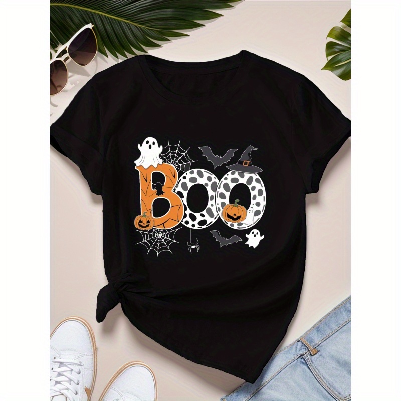 

Boo Print T-shirt, Casual Crew Neck Short Sleeve T-shirt For Spring & Summer, Women's Clothing