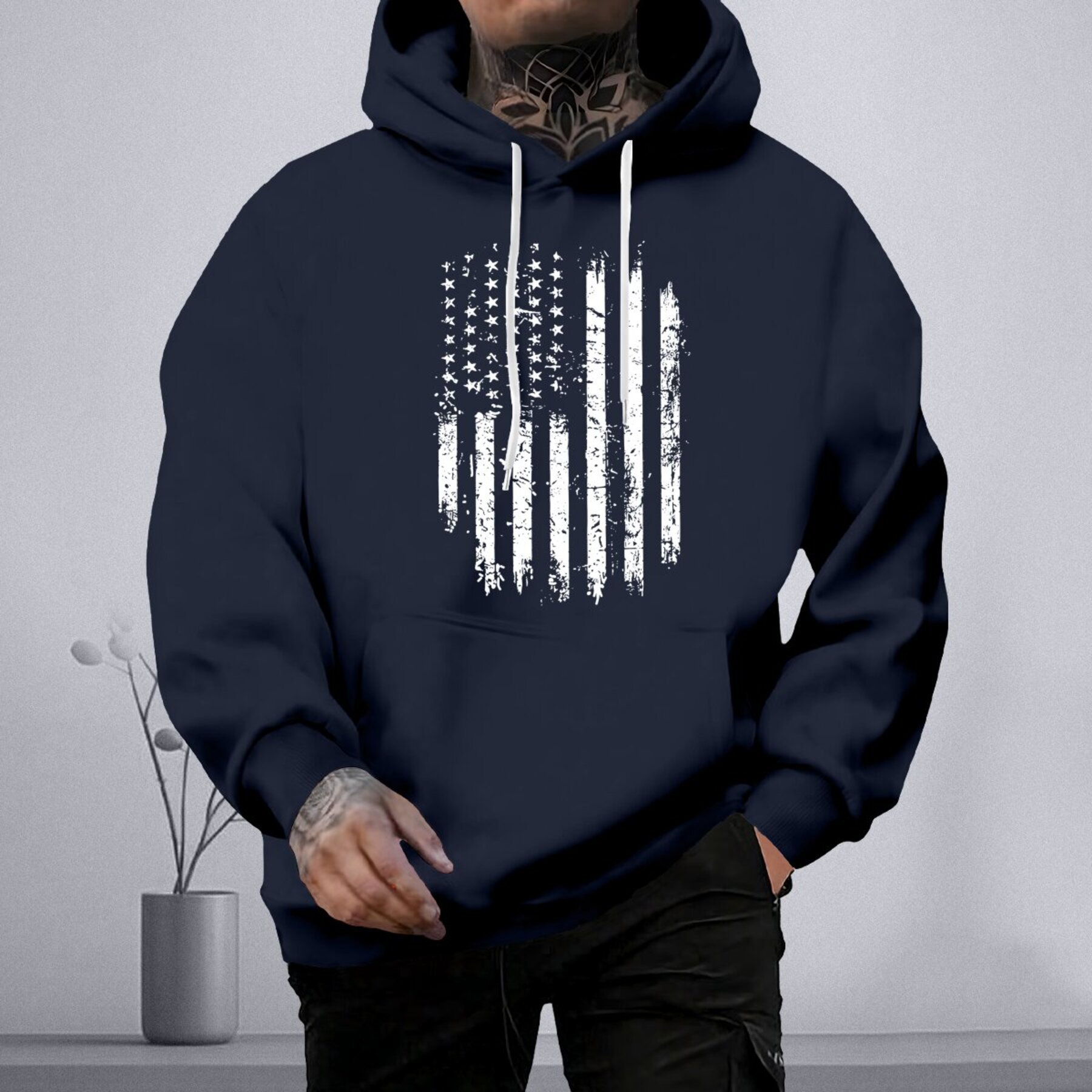 

Vertical Flag Print Plus Size Men's Long Sleeve Hoodie, Causal Trendy Versatile Hooded Sweatshirt For Autumn And Winter