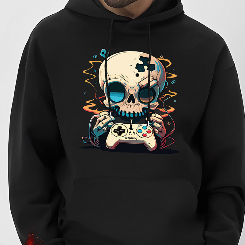 

Men's Skull & Game Controller Print Hoodie - Casual Pullover With Drawstring, Kangaroo Pocket | Cozy Polyester For Fall/winter