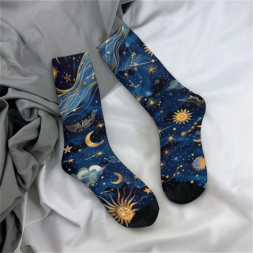 

-themed Crew Hosiery, Unisex Knit Polyester Footwear With Seamless , Hand Wash Only, Star And Moon Pattern, Polyester 95%, Spandex 5%, Gift For Boys And Girls - 1 Pair