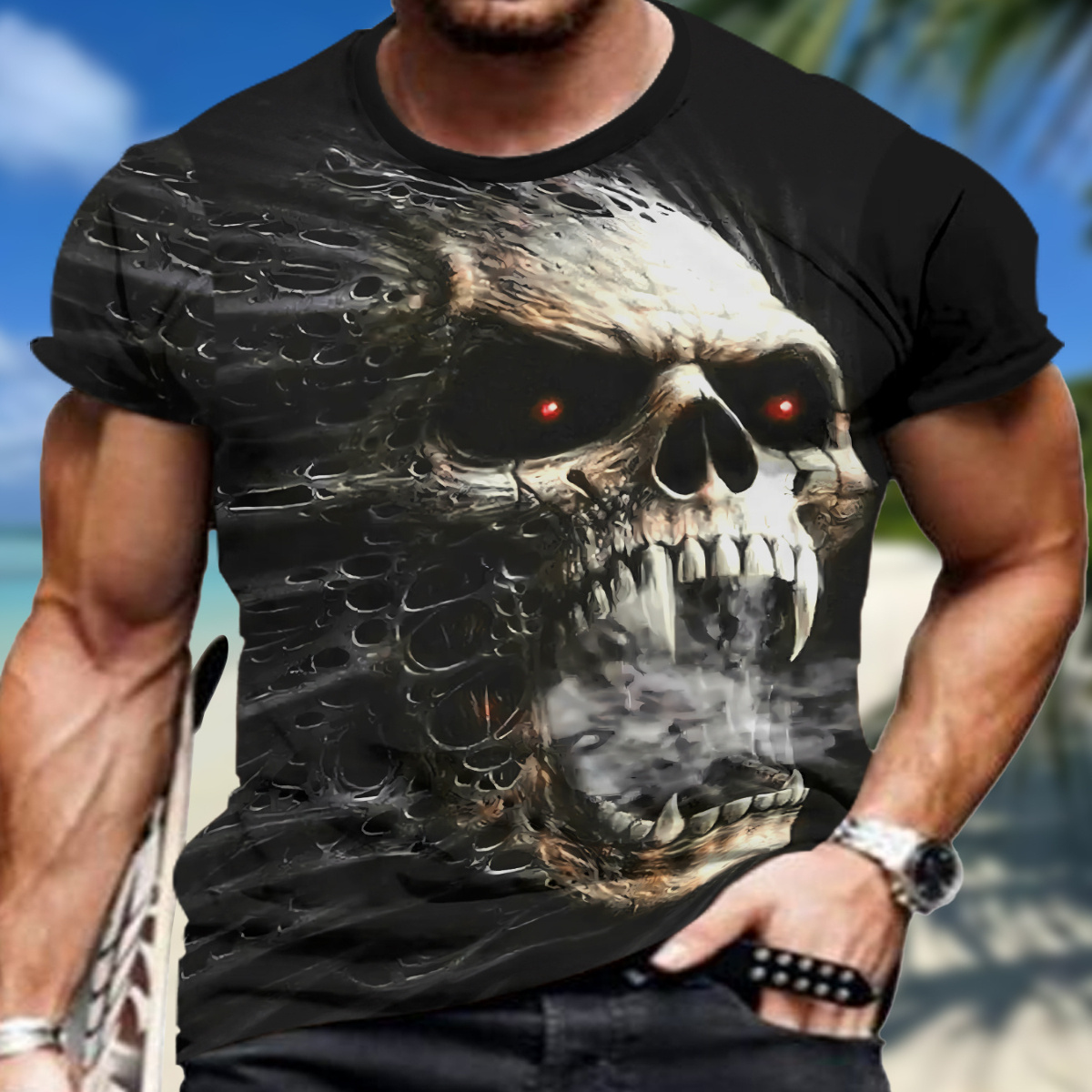 

Men's 3d Skull Print T-shirt - Breathable, Stretchy Polyester | Casual & Sporty Round Neck Tee For Summer