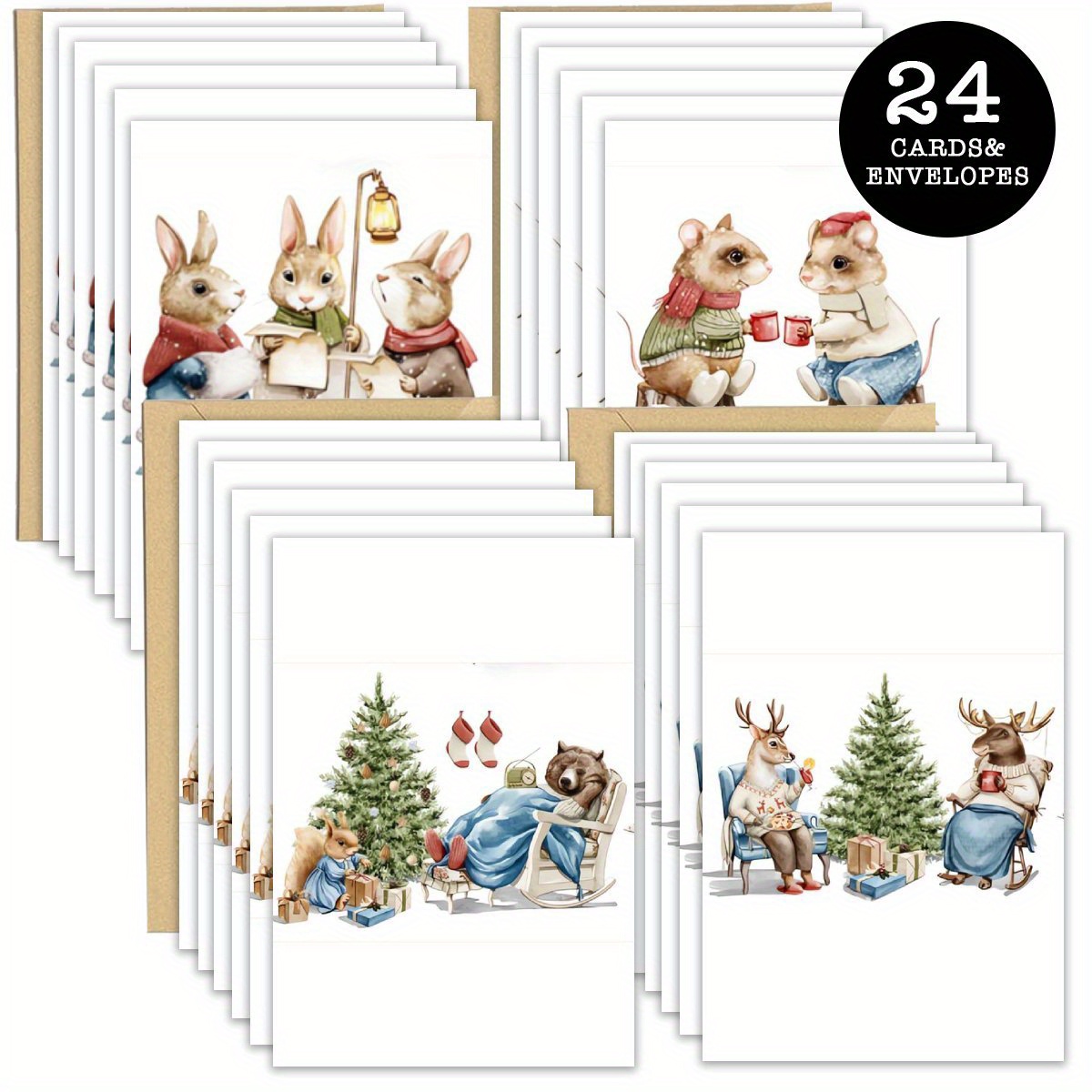 

24-pack Cute Animal Christmas Greeting Cards With Envelopes, Blank Inside For Personalized Messages, Celebrations