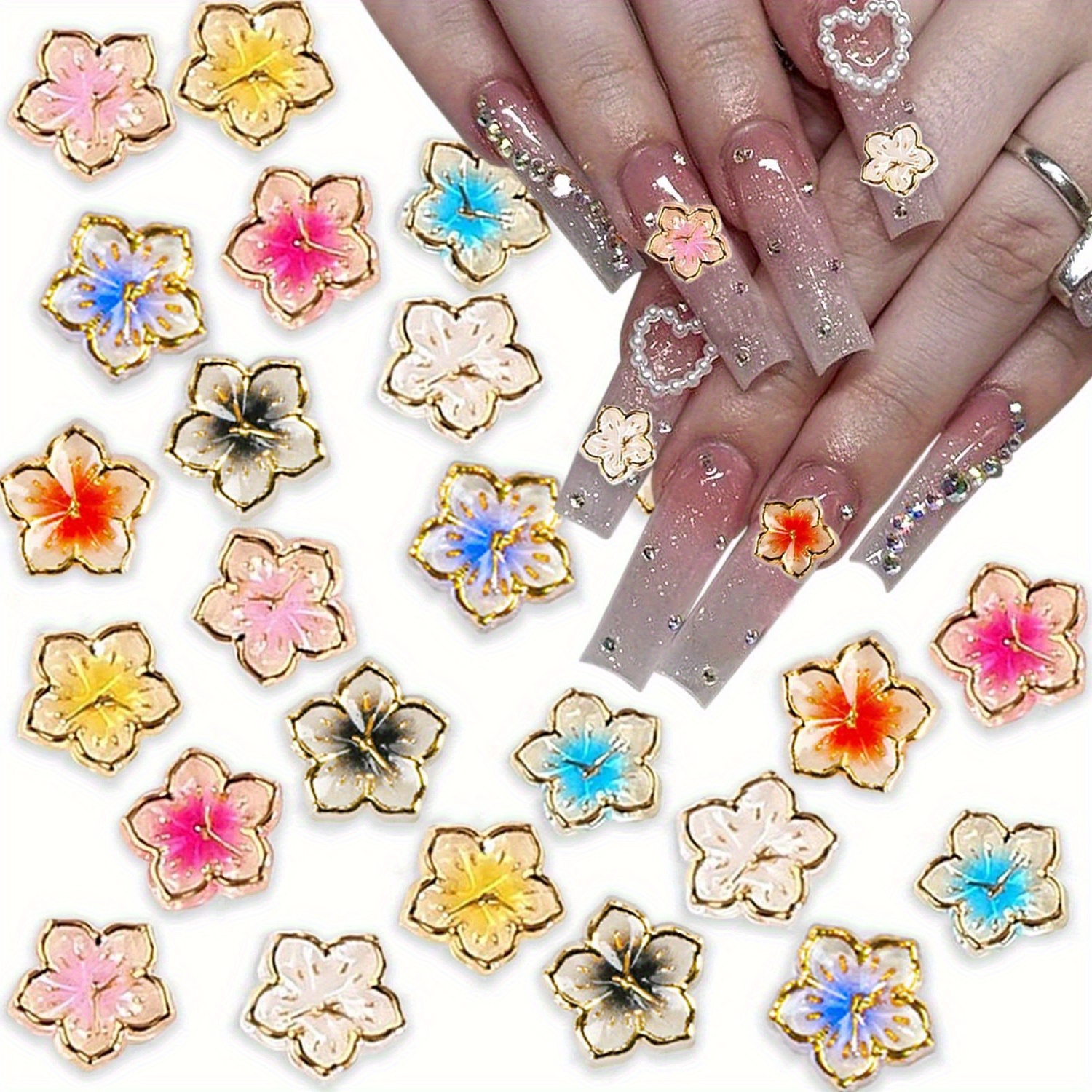 

100 Cute Nails Paste Nails Charming Gold Border Flower Resin Nails Mixed With Colorful Petals Charm Feminine Nail Art Supplies