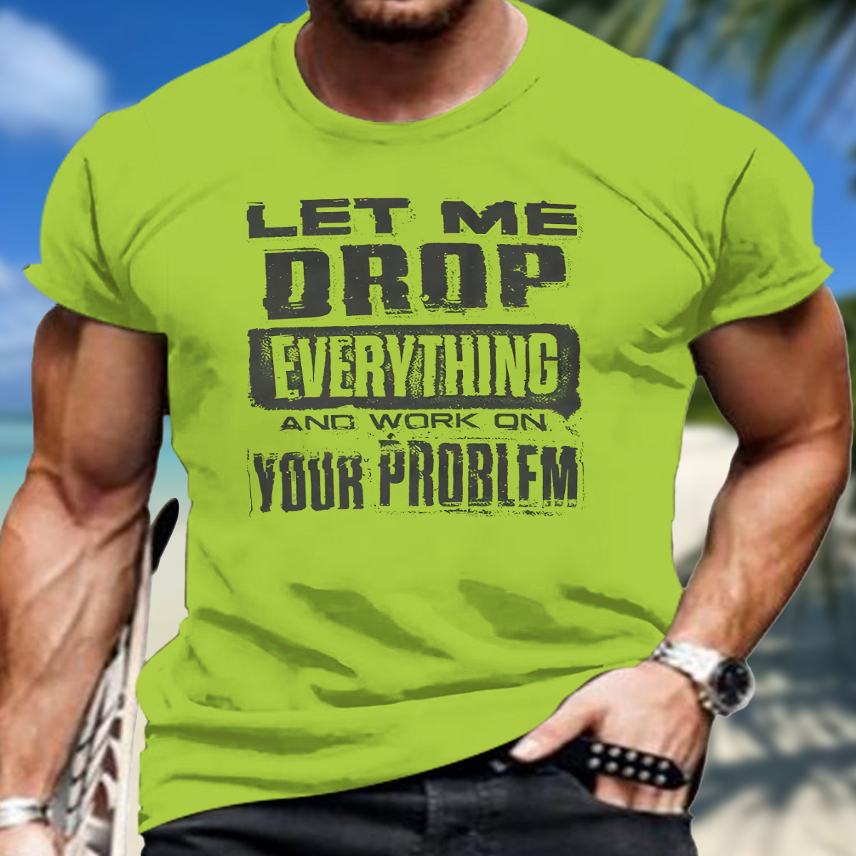 

Men's Neon Printed T-shirt - " Drop And Work On Your Problem" Graphic, Breathable Polyester , Casual Summer Tee For Sports &