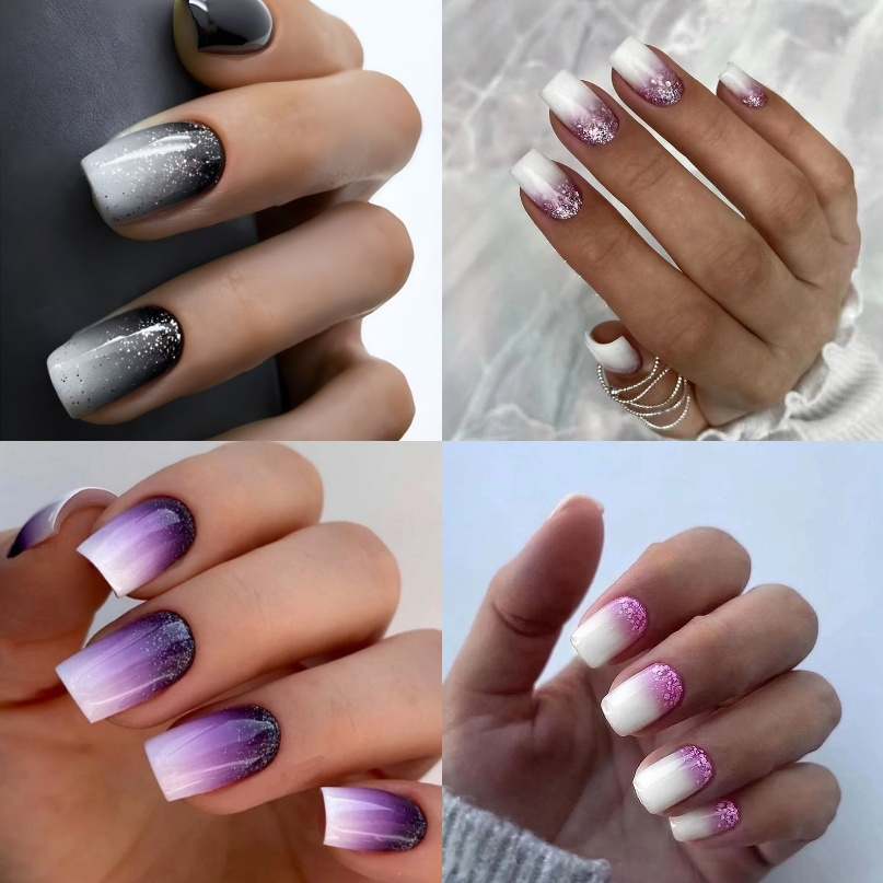 

96 Pieces Purple Gradient Simple Square Press Nails Short Fake Nails Sticky Nails Glossy Acrylic Nails Glitter Fake Nails For Women