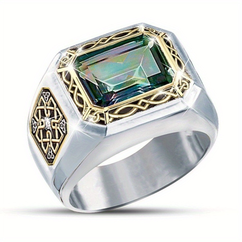 

925 Sterling Silver Mens Dual-tone Square Synthetic Emerald Ring - High-polish , Professional, , And Fashion- - And