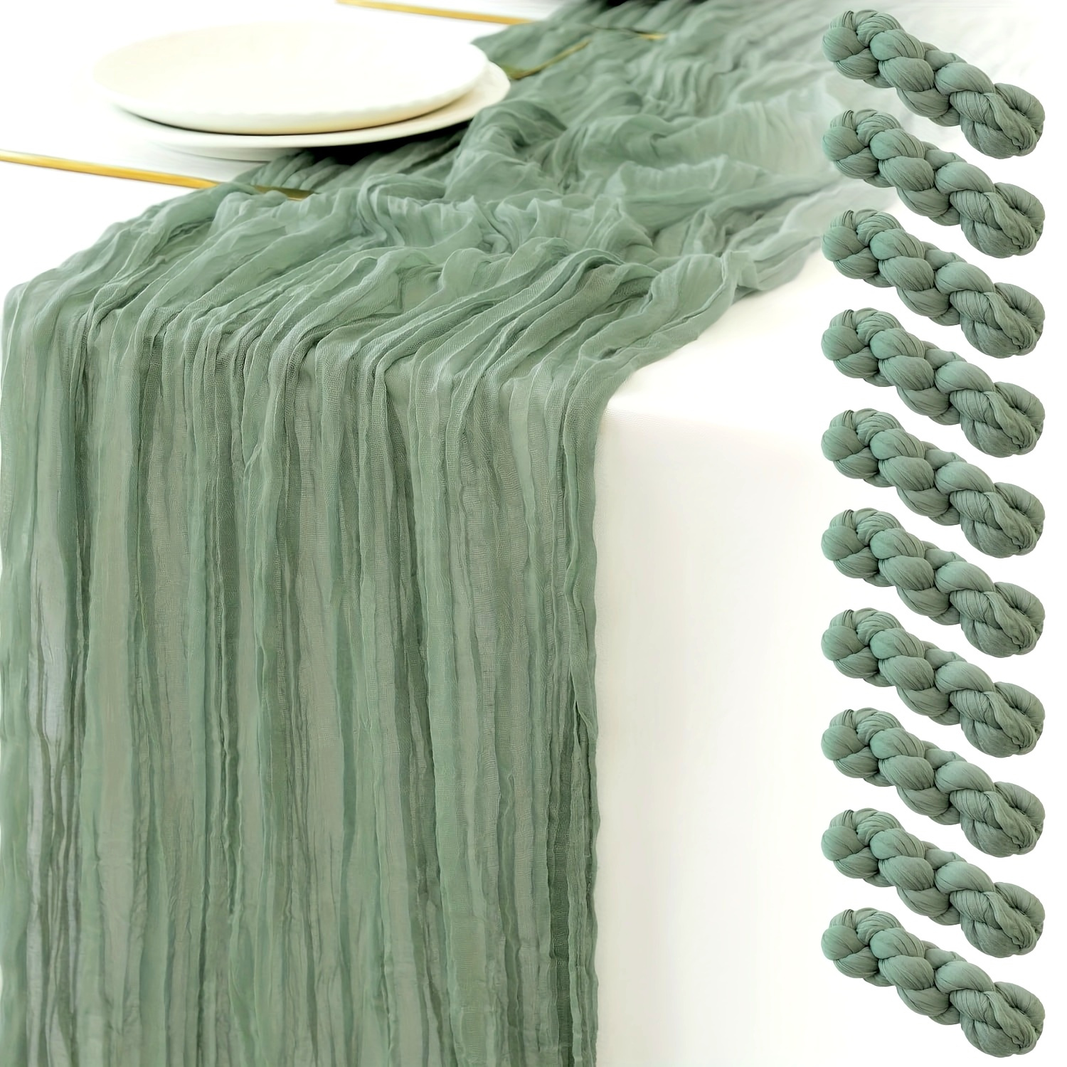 

10pcs Chic Grass Green Cheesecloth Table Runners - Elegant Gauze Texture For Weddings, Graduations, Showers, & Dessert Decorations