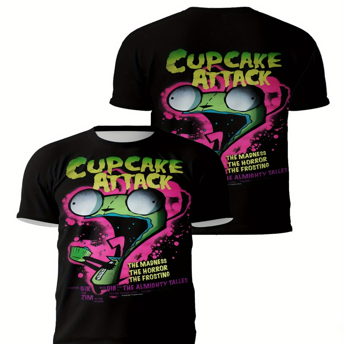 

3d Printed Casual T-shirt For Adults - Polyester And Spandex Blend, Crew Neck, Regular Fit, Breathable Summer Tee With Cupcake Attack Graphic - Knit Fabric With Slight Stretch