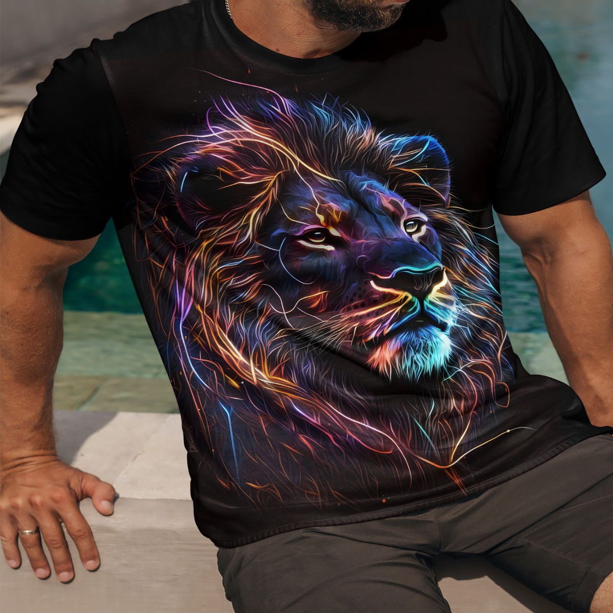 

Men's Lion T-shirt, Casual Short Sleeve Crew Neck Tee, Men's Clothing For Summer Outdoor