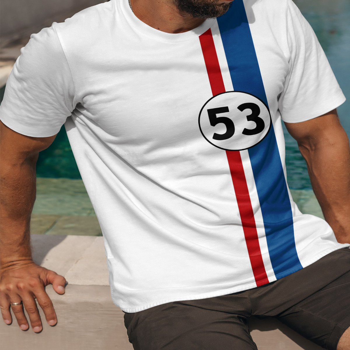 

Men's Casual Crew Neck T-shirt With 3d Number 53 Print - Polyester And Spandex Blend, Knit Fabric, Regular Fit, Breathable Summer Tee With Slight Stretch