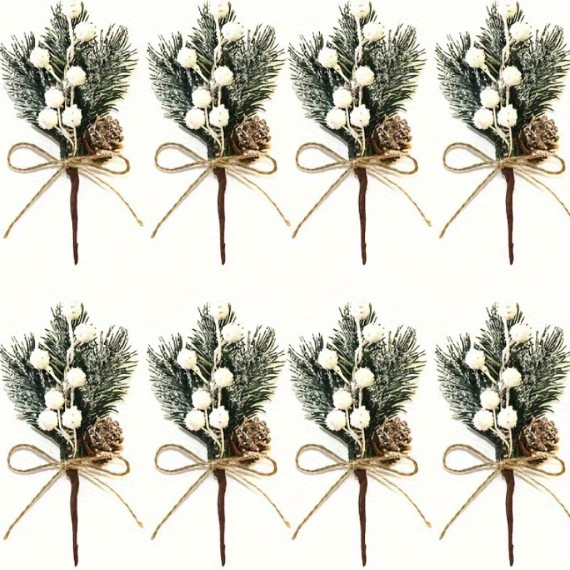 

8pcs Christmas Snowy Pine Branches With Berries And Holly - Ideal For Diy Christmas Tree Ornaments And Festive Home Decor