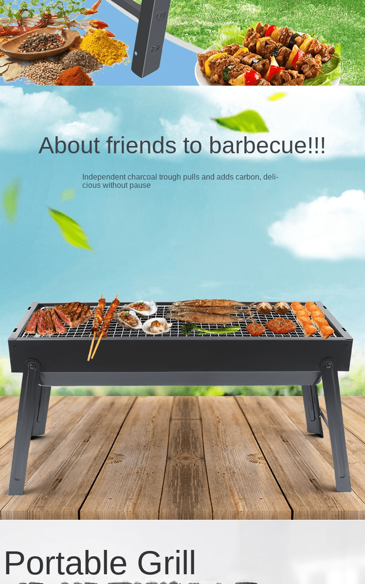 portable bbq grill with thickened grill net   non stick folding tabletop charcoal barbecue with air vents steel material details 2