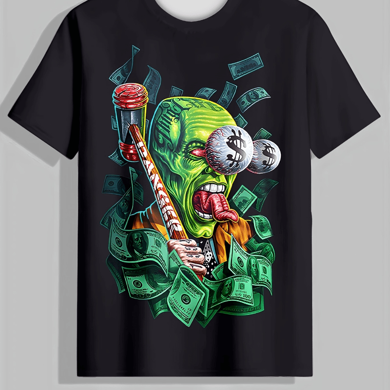 

Cartoon And Dollar Pattern Round-neck And Short-sleeved T-shirt, Fashionable Summer Top, Suitable For Men's Outdoor And Sports Casual Wear