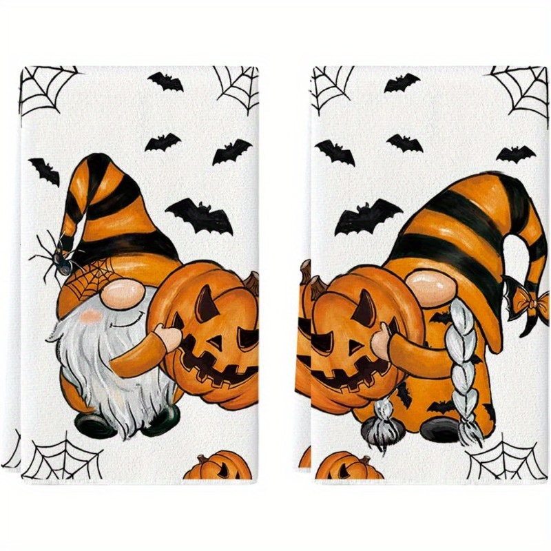 

Kitchen Towels Set Of 2 - Gnome Pumpkin Dish Towels, Woven Polyester Blend, Super Soft, Modern Space Theme With Bats And Spider Webs, Machine Washable - 18x26 Inches