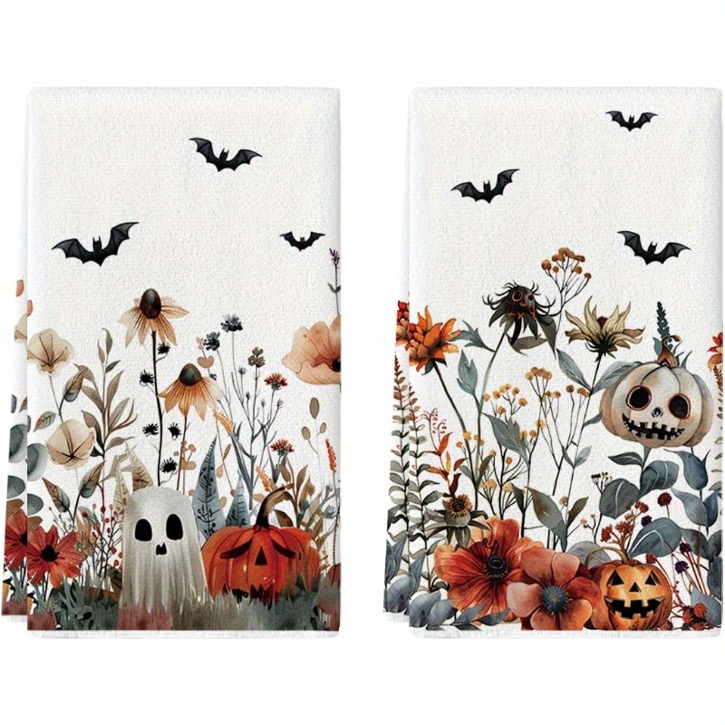 

2pcs Kitchen Towels - Polyester, & Pumpkin Design With Bats And , Machine Washable, Drying Hands & Decorating, 18x26 Inch