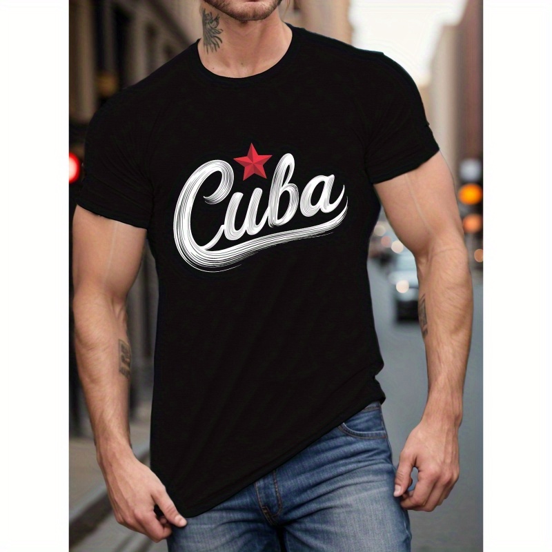 

Casual Polyester Cuba Star Print Crew Neck T-shirt For Men - Summer Knit Fabric Tee With Slight Stretch, Regular Fit Geometric Pattern