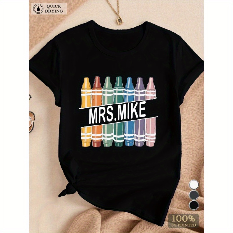 

Mrs Mike Print Crew Neck T-shirt, Casual Short Sleeve Top For Spring & Summer, Women's Clothing