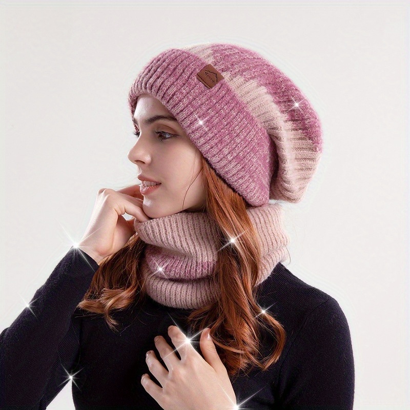 

's Tie-dye Knit Beanie & Fleece Set - , , No-brim Cap For