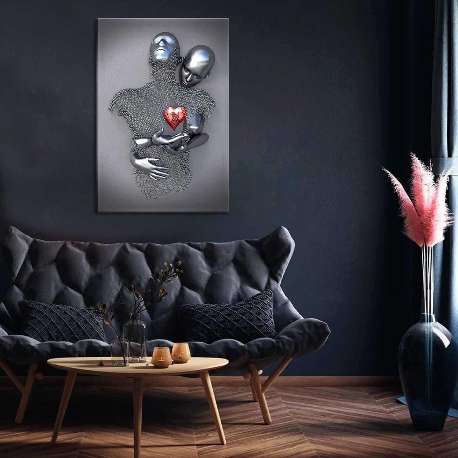 

Bedroom Wall Decor, Romantic Couple Living Room Canvas , Love Heart 3d Metal Effect, Modern Abstract Picture Prints For Bathroom Hotel Wrapped Canvas