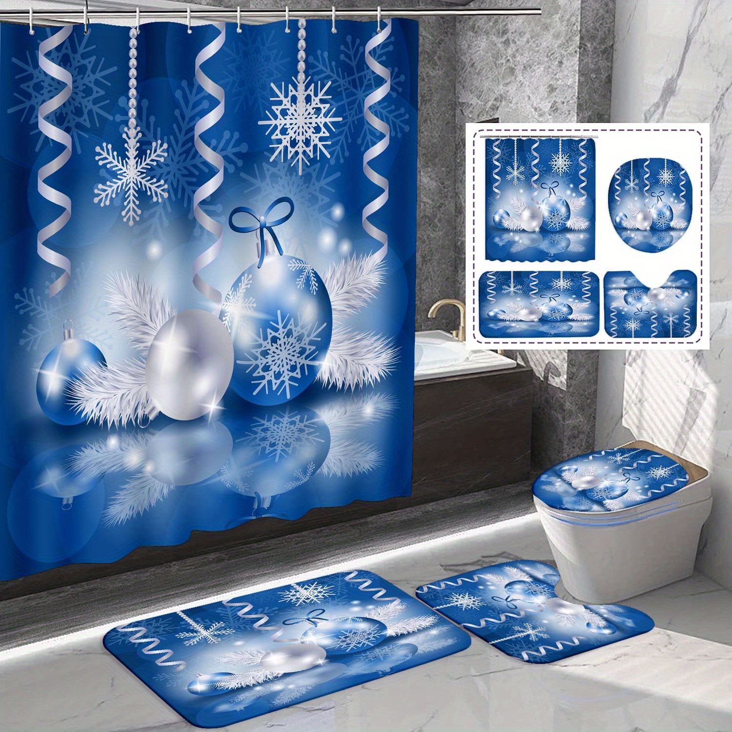 

2023 Blue Christmas Shower Curtain Set - 1/4pcs Including Non-slip Rug, U-shaped Toilet Mat, Lid Cover & Waterproof Curtain With Unique Design, 71x71 Inches - Holiday Bathroom Decor