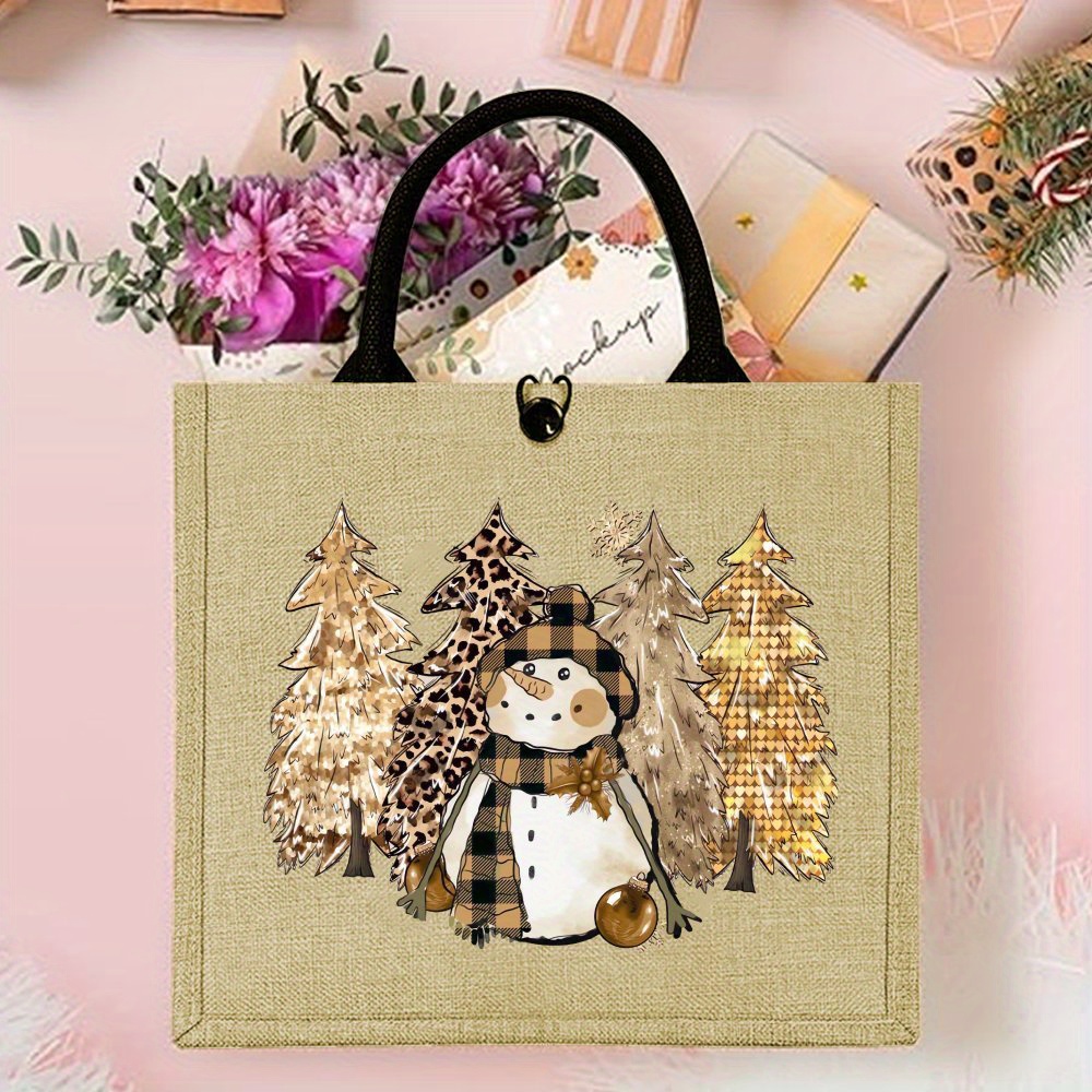 

1pc, Funny Christmas Snowman Tote Bag, Christmas Gift, Christmas Snowman Printed Handbag, Large Capacity Trendy Simple Style Durable Jute Bags